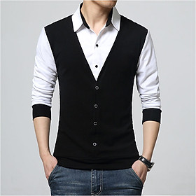 Áo thun nam, áo thun dài tay thiết kế kiểu sơmi phối gile 2 màu đen trắng thanh lịch dành cho phái mạnh H31
