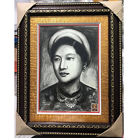 Khung tranh TEM thật chân dung Nam Phương Hoàng Hậu vẽ chì thủ công ghép tem đông dương thật 