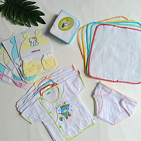Set 45 món đồ cho bé sơ sinh_giao đúng hình( 3 áo dài tay + 3 ngắn tay + 3 nón + 3 căp bao tay + 3 cặp bao chân + 10 khăn + 10 tã đóng bỉm + 10 tã lót)