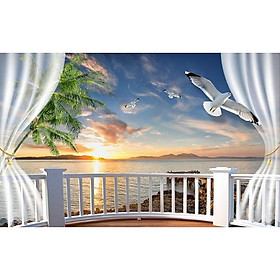 Mua Tranh dán tường 3d cửa sổ biển lúc bình minh ép kim sa có sẵn keo CS37