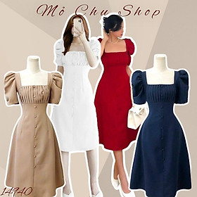 Hình ảnh ĐẦM XOÈ CỔ VUÔNG TAY PHỒNG XẾP LI NÚT BỌC