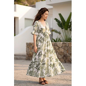 Đầm Maxi Linen Lá Cọ Du Lịch Nhiệt Đới, Đầm Maxi Linen Bích Diệp Dre204 Thời trang Hity