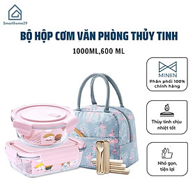 Bộ Hộp Cơm Văn Phòng, Chất Liệu Thủy Tinh Chịu Nhiệt Tốt, Nắp Nhựa PP Cao Cấp An Toàn Sức Khoẻ Tặng Kèm Bộ Thìa Đũa Và Túi Xách Tiện Lợi- Hàng Chính Hãng MINIIN - Hồng - Bộ 3 ngăn 1000ml+1 hộp tròn