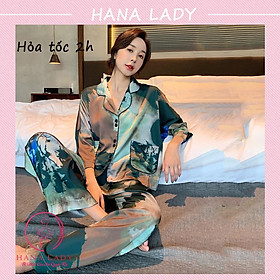 Đồ mặc nhà cao cấp - Pijama lụa cánh dơi họa tiết loan màu PJ540