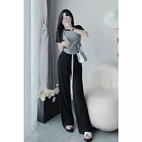 Bộ Áo Thun Ôm Cộc Tay Phối Màu Kèm Quần Dài Ống Rộng Dây Rút Vải Cotton 2 Màu