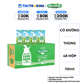 Thùng 48 hộp Sữa Tươi Tươi Sạch NutiMilk Có Đường 110ml