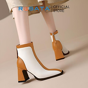 Giày bốt nữ cổ cao đế vuông 8 phân mũi nhọn khóa kéo sau phối màu ROSATA RO610 ( BẢO HÀNH 12 THÁNG ) - NÂU