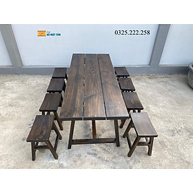 Bàn Ghế Cafe Gỗ Thông, Bàn Ghế Sân Vườn, Bàn Ghế Cổ Điển Dài 1,8m Rộng 70cm Dày 4cm