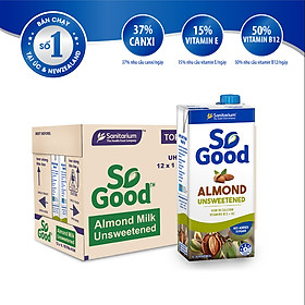Thùng 12 hộp sữa hạt hạnh nhân không đường So Good Úc 1L/hộp, làm từ hạnh nhân Úc, calo thấp