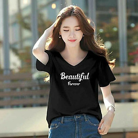 Áo thun nữ cổ tim form rộng MXM in chữ Beautiful thun cotton 4 chiều từ 45-60kg ( ANU076 )