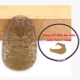 Mặt Phật Thiên thủ thiên nhãn đá obsidian ( thạch anh khói ) 5 cm kèm vòng cổ dây da nâu - mặt dây chuyền size lớn - size L, Mặt Phật bản mệnh