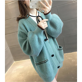 Áo khoác len 2 túi phối màu xanh- đen Ak04
