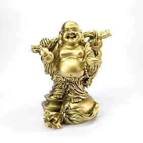 Tượng Phật Di Lặc đứng trên bao tiền - Màu vàng đồng cao 13cm