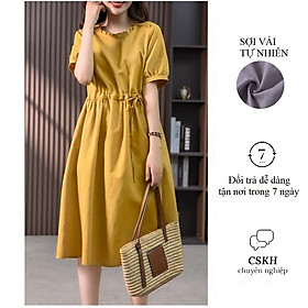 Đầm Linen suông nữ ngắn tay cổ bèo nhăn, có dây chỉnh eo phong cách trẻ trung Haint Boutique