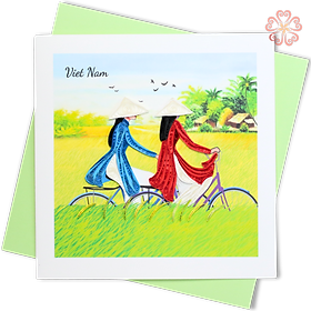 Thiệp Giấy Xoắn Nghệ Thuật - Thiệp Áo Dài Việt Nam Trên Cánh Đồng - Vietnamese Ao Dai Girls in Rice Field Card - Việt Nam - 15 x 15 - VN2XM1150TGC1