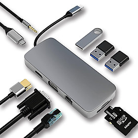 Trung tâm USB C, trạm nối, bộ chuyển đổi USB C 10 trong 1 với 4K HDMI, VGA, loại C PD, cổng USB 3.0, RJ45 Ethernet, Thẻ SD/TF-Thẻ, 3,5mm AUX, tương thích với  Pro/Air, Thêm các thiết bị loại C