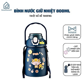 Bình Nước Giữ Nhiệt Cute 800ml Chất Liệu Inox 304 Giữ Nhiệt Không Gỉ Nóng Lạnh 24 Giờ Kèm Ống Hút Và Sticker - Hàng Loại 1 - Chính Hãng MINIIN