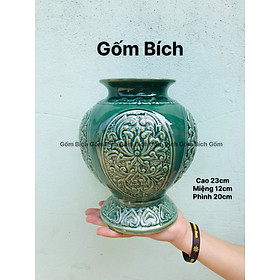 Hình ảnh Bình Hoa Lọ Hoa Men Ngọc Khắc Hoa Sen Nổi - Gốm Sứ Bát Tràng - Decor Nội Thất Văn Phòng