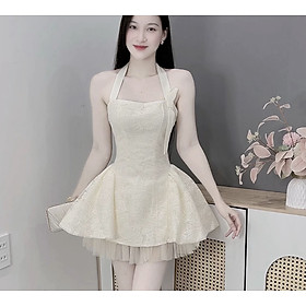 Váy thiết kế cổ yếm dáng ngắn xoè bồng nơ bên cao cấp