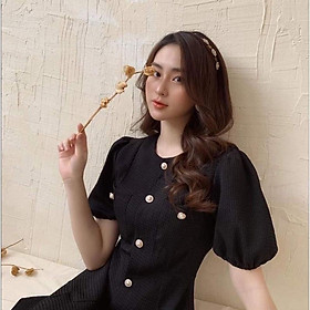 Đầm váy công sở phối nút linen bố cổ tròn đen tay phồng xoè chữ A ivy.fashion đi biển dự tiệc dạo phố bigsize gợi cảm