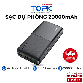 Sạc Dự Phòng TOPK I2009 20000mAh - Cổng USB Kép, Thiết Kế Nhỏ Gọn Tiện Lợi Dành Cho Xiaomi/ Samsung/ iPhone - Hàng chính hãng