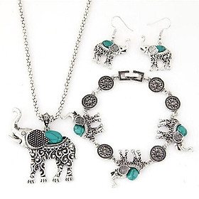 Vintage  Elephant Wedding Jewelry Set Necklace Earring Bracelet-Green