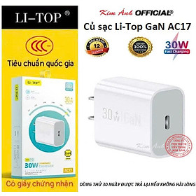 Củ sạc nhanh LI-TOP GaN AC17 công suất PD 30W có chứng nhận 3C tiêu chuẩn quốc gia, hàng chính hãng bảo hành 12 tháng