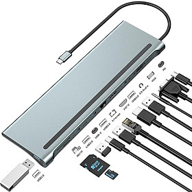 HUB chuyển đổi 12in1 chia Type c ra HDMI 4K, VGA, USB 3.0, LAN, Audio 3.5mm