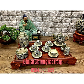 Mua Bộ ấm chén gốm Bát Tràng đế cao màu xanh khắc nổi hoa phù dung(Không kèm khay)