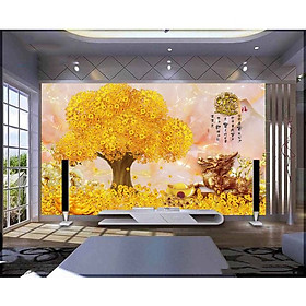 Tranh dán tường 3d cây kim tiền - ép kim sa - có sẵn keo