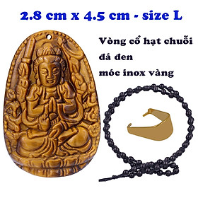 Mặt Phật Thiên thủ thiên nhãn đá mắt hổ 4.5 cm kèm vòng cổ hạt chuỗi đá đen - mặt dây chuyền size lớn - size L, Mặt Phật bản mệnh, Quan âm bồ tát