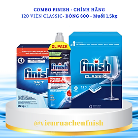 Combo muối rửa bát Finish 1,5kgviên rửa bát Finish 120 viênNước làm bóng bát chén finish 800ml - Combo 3 món Viênmuốibóng
