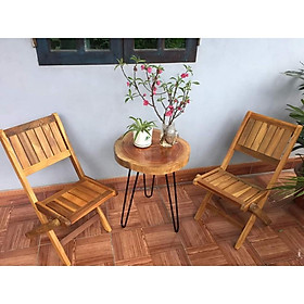 Bàn trà cafe gỗ xà cừ ngoài trời D = 36 - 40cm chân hairpin cao 50 - 2 thanh| Bàn gỗ nguyên khối chân sắt