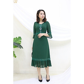 Đầm Thiết kế Đầm xòe Đầm thời trang công sở Đầm trung niên thương hiệu TTV351 xanh rêu - Đầm form A tay chuông phối ren CD