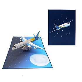 H31 - Thiệp 3D Máy Bay Xanh Bay Trong Đêm Trăng – Pop Up Card Viethands Giftshop 