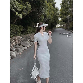 Đầm body cổ bẻ tay con phối sọc sang trọng