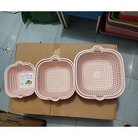 Set 3 cỡ Bộ rổ 2 lớp vuông  có chậu hứng nước hàng nhựa Cao cấp việt nhật