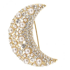 2X Fashion Gold Rhinestone Crystal Artificial Pearl Moon Shape Metal Brooch Pin