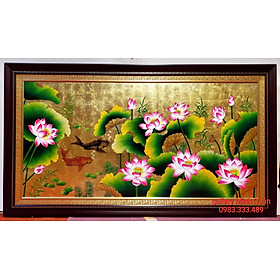 TRANH SƠN MÀI THẾP VÀNG BẠC - CÁ CHÉP HOA SEN - TRANH TREO PHONG THỦY