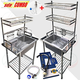 COMBO Chậu Inox Có Chân Kèm Kệ Úp Chén Đa Năng - Chậu và kệ nhiều kích thước loại 1 tầng và 2 tầng, vòi Luxta lạnh mạ crome, tặng rổ rút, dây cấp, keo lụa