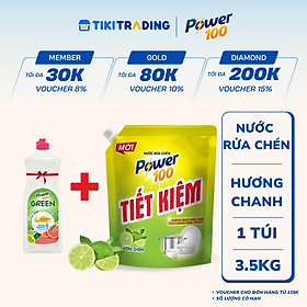 Túi Nước Rửa Chén POWER100 Tiết Kiệm Hương Chanh 3.5KG