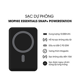 Sạc dự phòng mophie Essentials Snap+ powerstation 10,000mAh, hỗ trợ sạc từ tính 15W - Hàng chính hãng