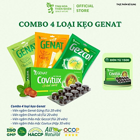 Combo 4 sản phẩm kẹo Genat - Kẹo thảo mộc Covitux (Hộp 30v), Gezcol , Genat Gừng, Genat chanh sả (túi 20v)