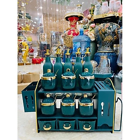 Mua Bộ đựng gia vị sứ 3 tầng 16 món siêu sang chảnh tiện lợi màu xanh cổ vịt