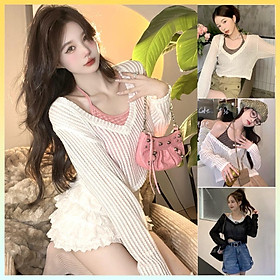 SET áo LƯỚI kèm áo YẾM kẻ SỌC CỔ TIM loại 1 thời trang xinh xắn