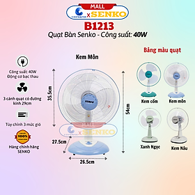 Quạt điện Senko để bàn tiện lợi cao cấp B1213 màu ngẫu nhiên - Hàng Chính Hãng