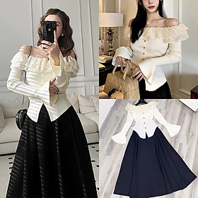 ĐẦM SET ÁO THUN TRỄ VAI BÈO TAY LOE TRẮNG + CHÂN VÁY DÀI MIDI LƯNG CAO SUÔNG ĐEN CHỮ A MAXI ĐI TIỆC ĐI CHƠI DẠO PHỐ GIÁNG SINH NOEL ĐI BIỂN