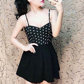 Đầm xòe 2 dây chấm bi đen kute