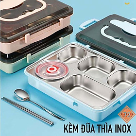 Hình ảnh Khay cơm 5 ngăn inox cao cấp đựng cơm và thức ăn cho học sinh, sinh viên, dân văn phòng kèm thìa đũa inox - Cà men, hộp đựng thực phẩm nhiều ngăn có nắp