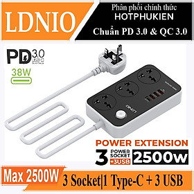 Ổ cắm điện đa năng 7 in 1 hỗ trợ sạc nhanh 38W PD 20W tổng công suất 2500W ra 3 ổ cắm 3 chân, 1 PD Type C 20W và  3 USB QC 3.0 18W hiệu LDNIO SC3412 (chuẩn sạc nhanh PD 3.0 & QC 3.0, Smartchip)